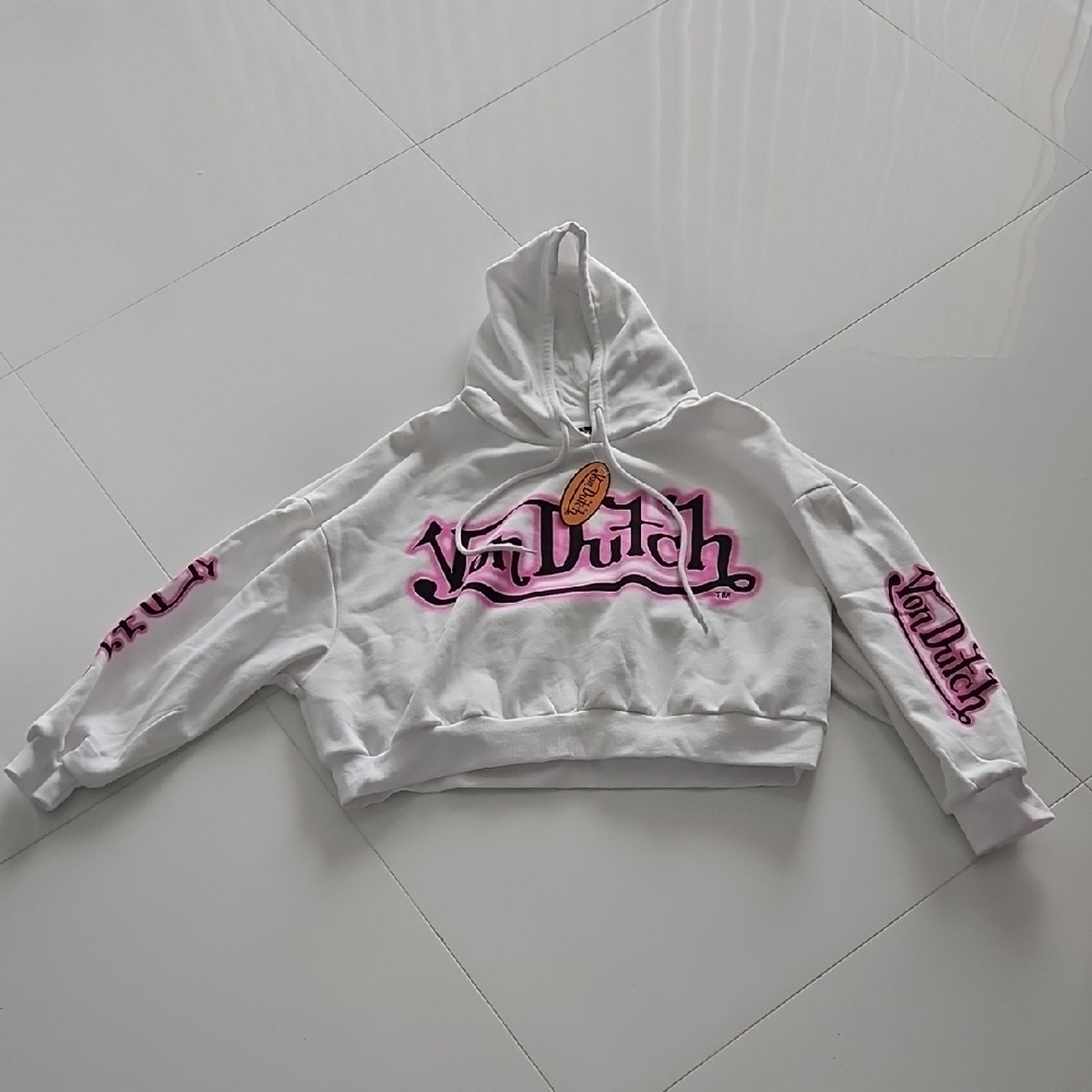 Von Dutch White Cropped Hoodie with Pink Logo and Sleeve Graphics